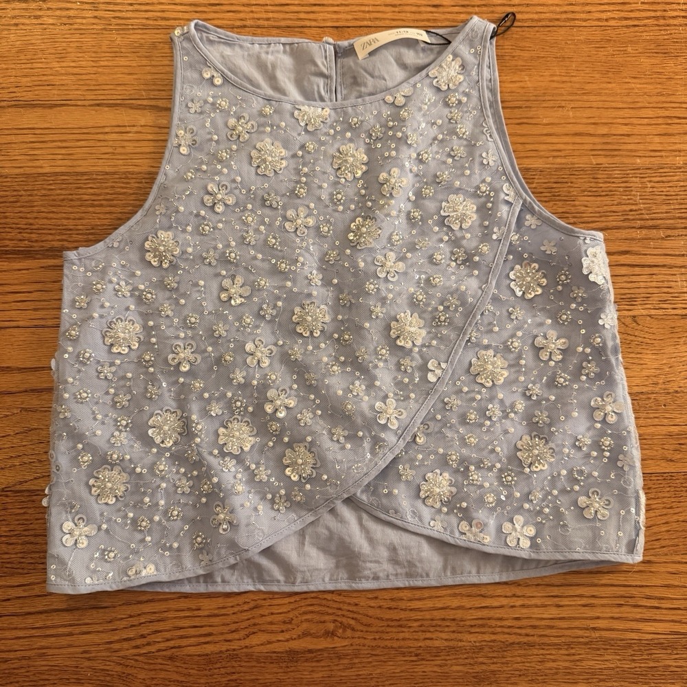 ZARA Girls Blue Floral Mesh Beaded Sequin Cropped Tank Top 11-12